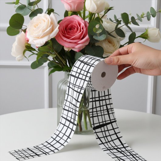 Modern Black and White Fenced Mesh Pattern グログランリボン