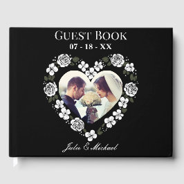 Modern Black and White Floral Heart Wedding Guest ゲストブック