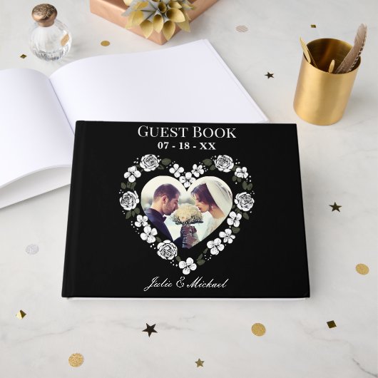 Modern Black and White Floral Heart Wedding Guest  ゲストブック (正面見開き)