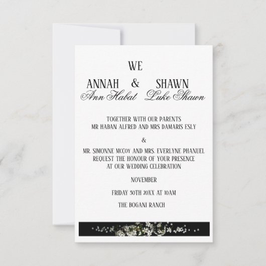Modern Black and White Floral Wedding Invitation 招待状 (正面)