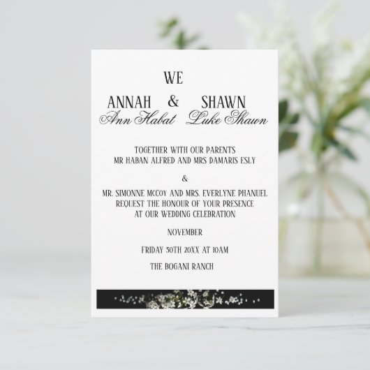 Modern Black and White Floral Wedding Invitation 招待状 (スタンド正面)