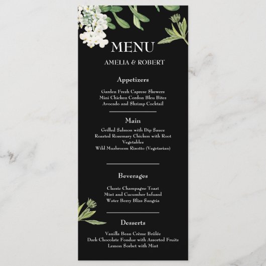 Modern Black and White Floral Wedding Menu Card メニュー (正面)