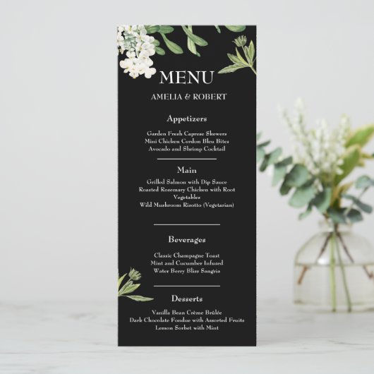 Modern Black and White Floral Wedding Menu Card メニュー (スタンド正面)