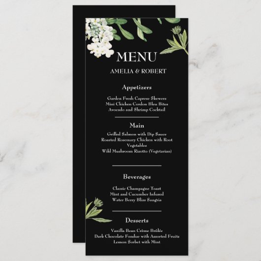 Modern Black and White Floral Wedding Menu Card メニュー (正面/裏面)