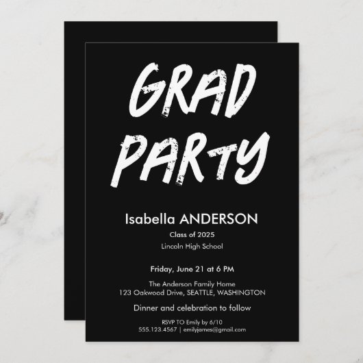 Modern Black and White Graduation Party 招待状 (正面/裏面)