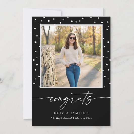 Modern Black and White Handwriting Graduation 案内状 (正面)