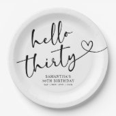Modern Black and White Hello 30th Birthday ペーパープレート (正面)