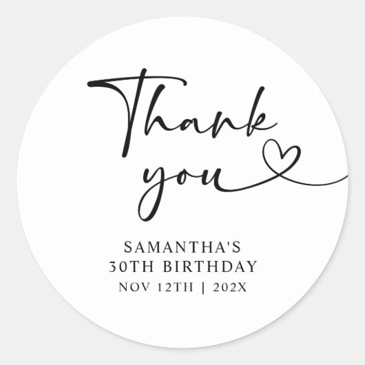 Modern Black and White Hello 30th Birthday ラウンドシール (正面)