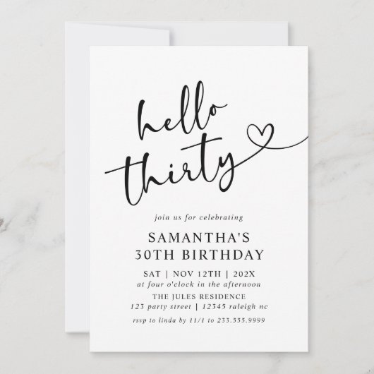 Modern Black and White Hello 30th Birthday Party 招待状 (正面)