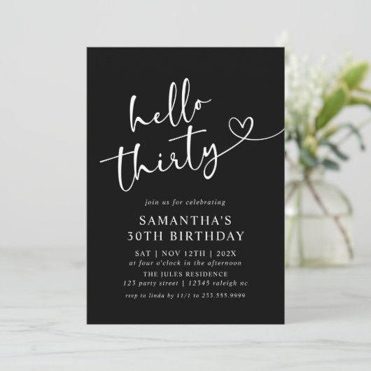 Modern Black and White Hello 30th Birthday Party 招待状 (スタンド正面)