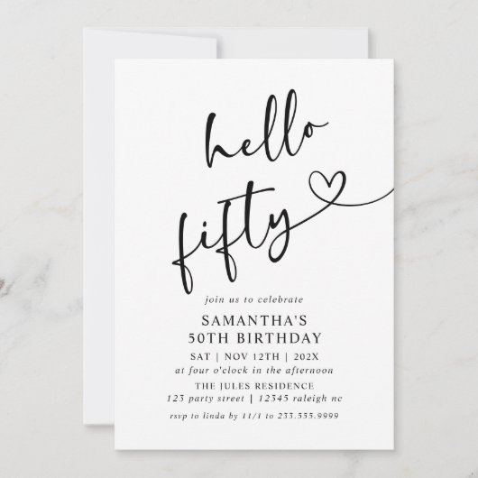 Modern Black and White Hello Fifty Birthday Party 招待状 (正面)