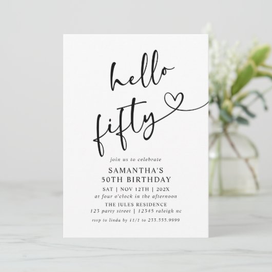 Modern Black and White Hello Fifty Birthday Party 招待状 (スタンド正面)