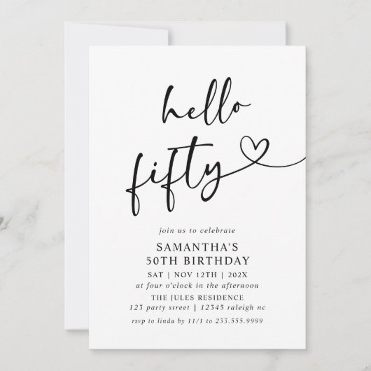 Modern Black and White Hello Fifty Birthday Party 招待状 (正面)