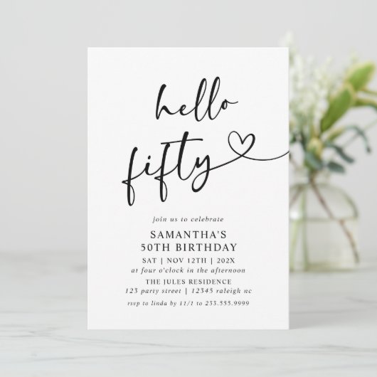 Modern Black and White Hello Fifty Birthday Party 招待状 (スタンド正面)