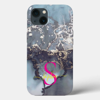 modern black and white marble monogram iPhone 13ケース