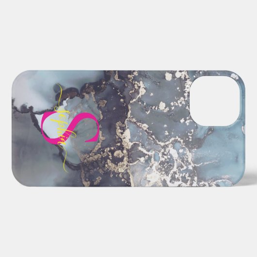 modern black and white marble monogram iPhoneケース (裏面横)