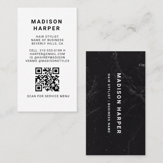 Modern Black and White Marble QR Code Business 名刺 (正面/裏面)