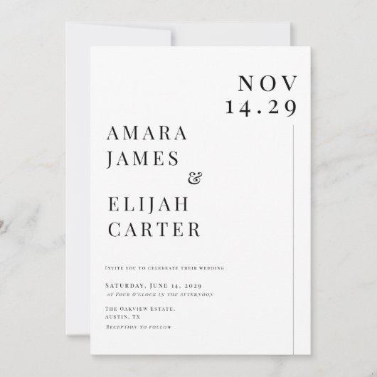 Modern Black and White Minimal Wedding 招待状 (正面)