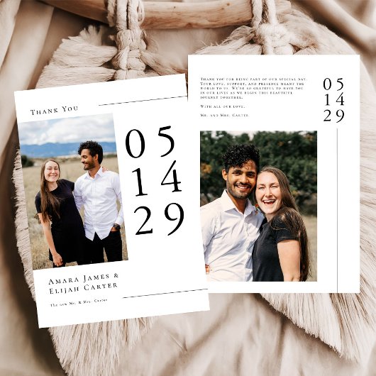 Modern Black and White Minimal Wedding Photo サンキューカード