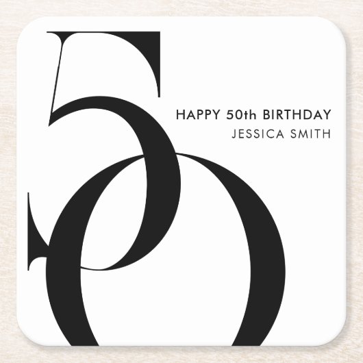Modern Black and White Minimalist 50th Birthday スクエアペーパーコースター (正面)