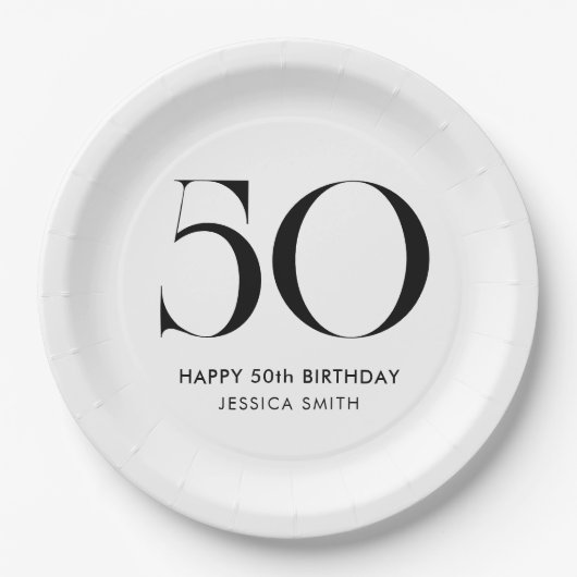 Modern Black and White Minimalist 50th Birthday ペーパープレート (正面)