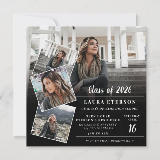 Modern black and white minimalist photo graduation 招待状 (正面)