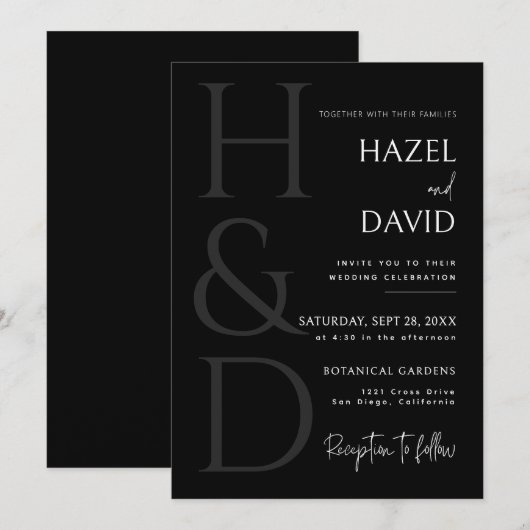 Modern Black and White Monogram Minimalist Wedding 招待状 (正面/裏面)