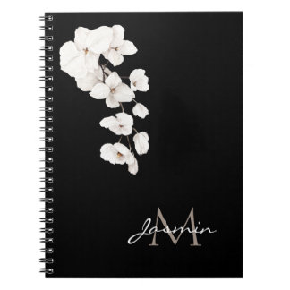 Modern Black and White Orchid Floral Monogram ノートブック