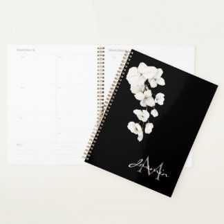 Modern Black and White Orchid Floral Monogram プランナー手帳