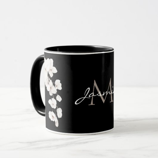 Modern Black and White Orchid Monogram マグカップ (正面左)