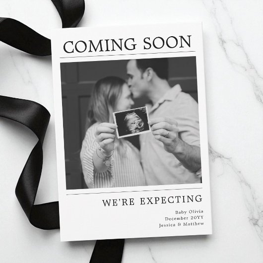 Modern Black and White Photo Baby Pregnancy Reveal 案内状