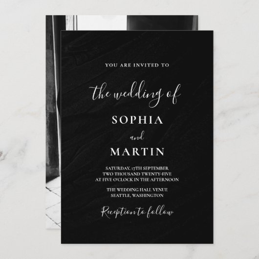 Modern black and white Photo Wedding 招待状 (正面/裏面)