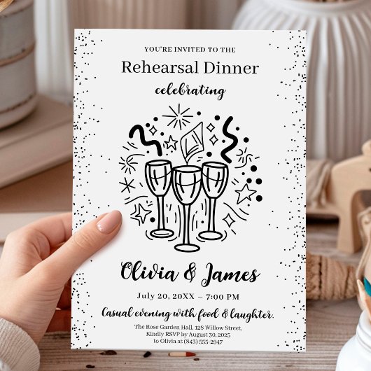 Modern black and white rehearsal dinner card 招待状