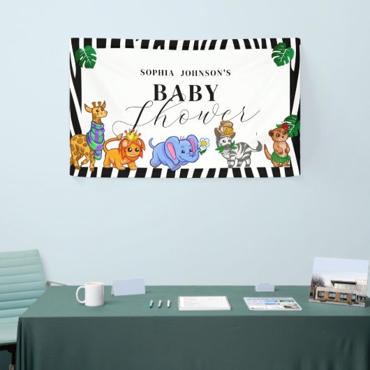 Modern Black and White Safari Animals Baby Shower 横断幕 (トレードショー)