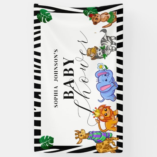 Modern Black and White Safari Animals Baby Shower 横断幕 (縦)