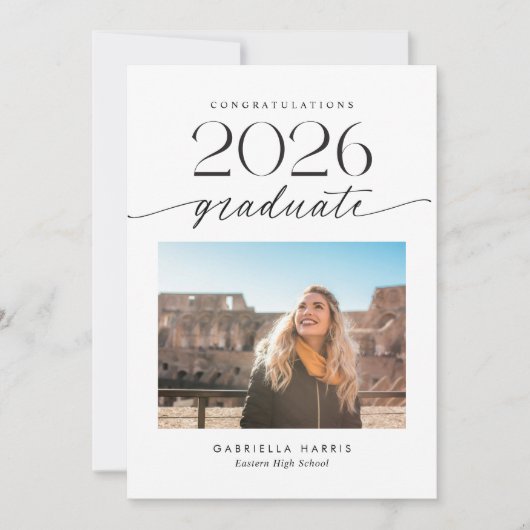 Modern Black and White Script 1 Photo Graduation 案内状 (正面)