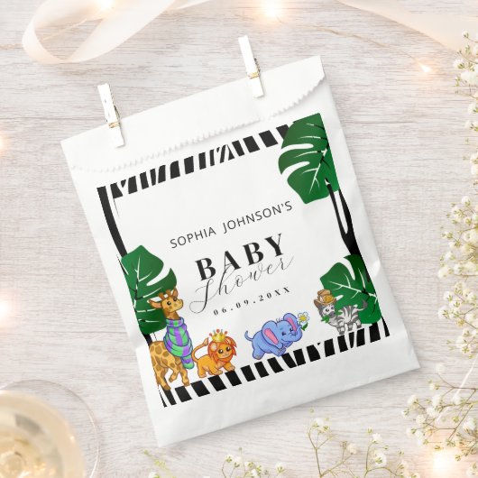 Modern Black and White Stripe Safari Baby Shower フェイバーバッグ (クリップ留めされた状態)