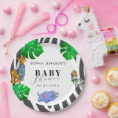 Modern Black and White Stripe Safari Baby Shower ペーパープレート (パーティー)