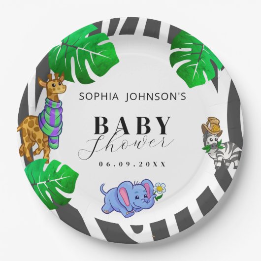 Modern Black and White Stripe Safari Baby Shower ペーパープレート (正面)