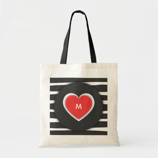 Modern Black and White Striped Red Heart Monogram トートバッグ (正面)