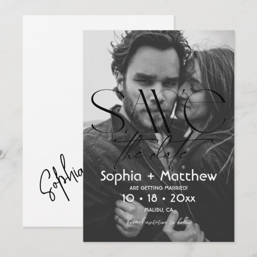 Modern Black and White Wedding Photo セーブザデート (正面/裏面)