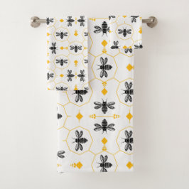 Modern Black and Yellow Bee Pattern Monogram バスタオルセット