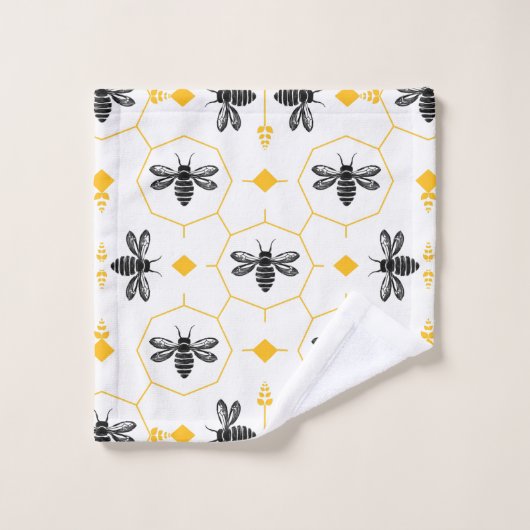 Modern Black and Yellow Bee Pattern Monogram バスタオルセット (ウォッシュタオル)