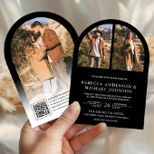 Modern Black Arch Photo QR Code Wedding 招待状