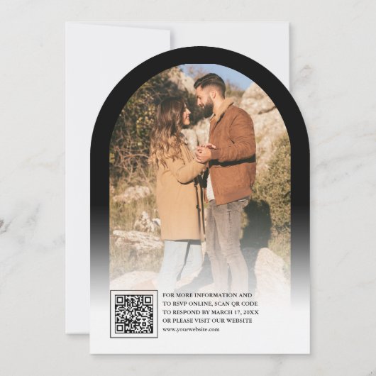 Modern Black Arch Photo QR Code Wedding 招待状 (裏面)