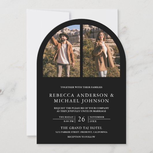 Modern Black Arch Photo QR Code Wedding 招待状 (正面)