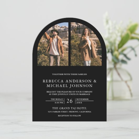 Modern Black Arch Photo QR Code Wedding 招待状 (スタンド正面)