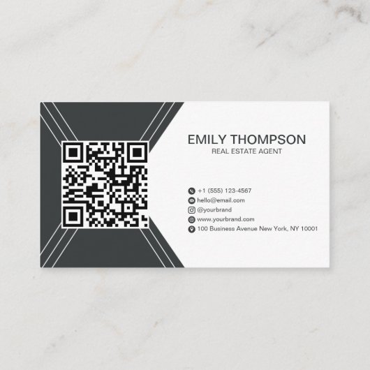 Modern Black Art Deco QR Code Real Estate Logo 名刺 (裏面)