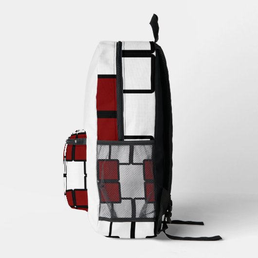 Modern Black Backpack with Deep Red & White Square プリントバックパック (右)
