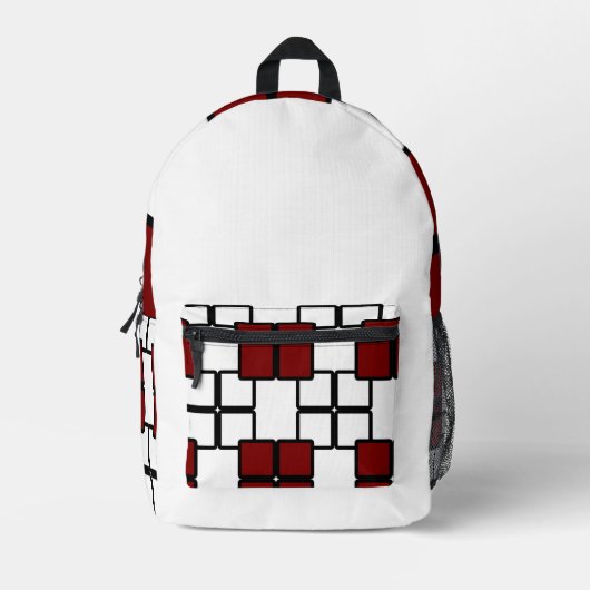 Modern Black Backpack with Deep Red & White Square プリントバックパック (正面)